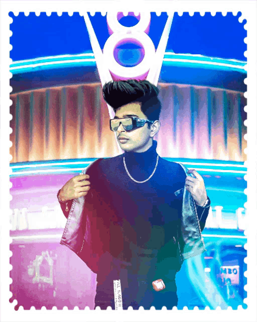 a young man wearing sunglasses and a black turtleneck stands in front of a neon sign that says ' 8 '
