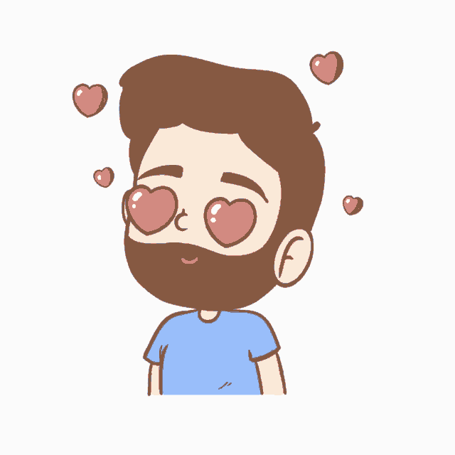 a cartoon of a man with a beard and heart shaped eyes