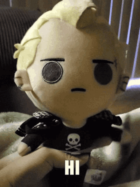a person is holding a stuffed toy with a skull and crossbones shirt on