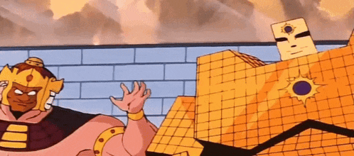 two cartoon characters are standing next to each other in front of a wall .