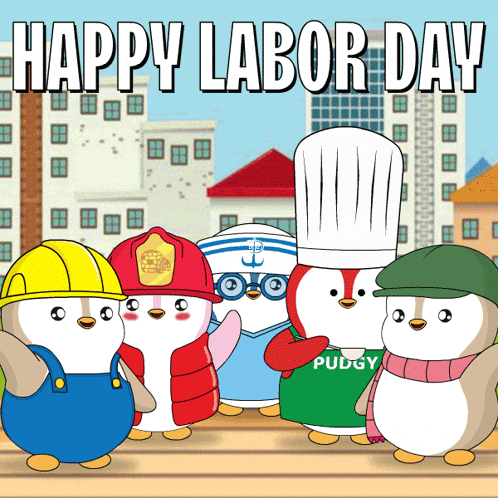 a happy labor day greeting card with penguins dressed in different occupations