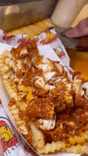 a tray of fried chicken and french fries with rubes chicken printed on it