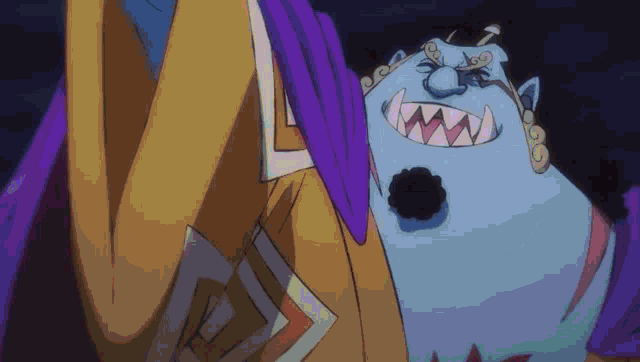 a cartoon character with a purple scarf around his neck has sharp teeth