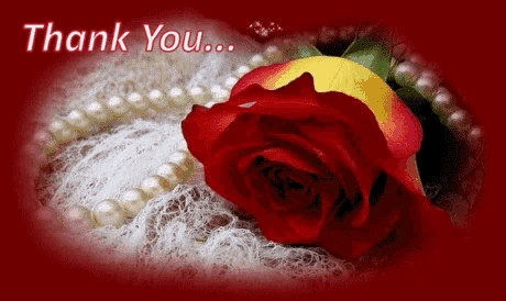 a thank you card with a pearl necklace and a rose