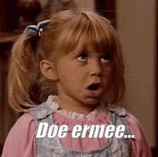 a little girl with a surprised look on her face and the words doe ermee on the bottom