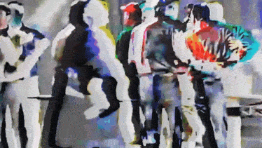 a colorful painting of a group of people standing together