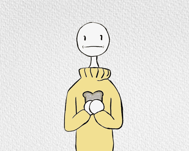 a drawing of a person wearing a yellow sweater and holding a piece of bread
