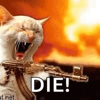 a cat with its mouth open is holding a gun in front of a fire .