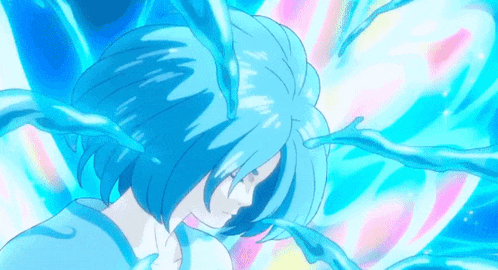 a woman with blue hair is surrounded by blue water .
