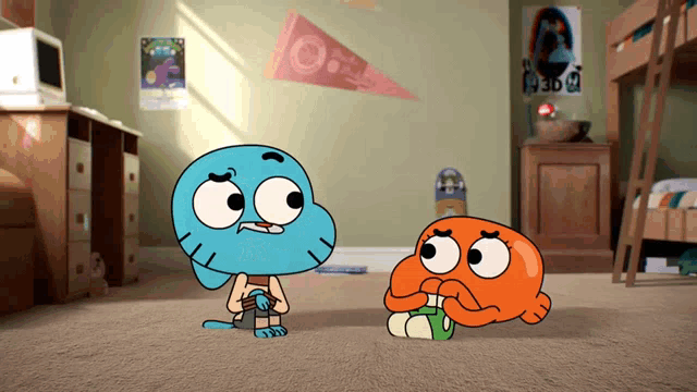 gumball and darwin from the amazing world of gumball are in a bedroom