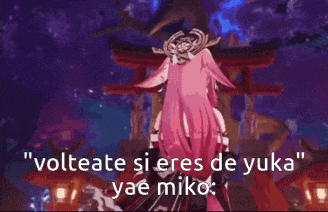 a video game character with pink hair is standing in front of a torii gate and says " volteate si eres de yuka "