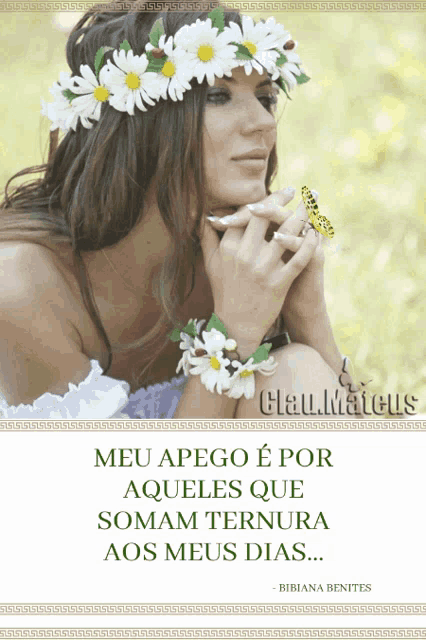a woman with flowers in her hair and a butterfly on her wrist
