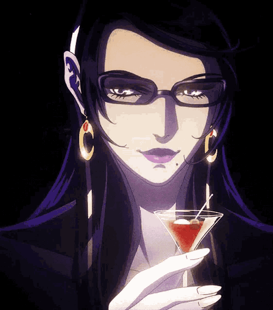 a woman in glasses is holding a martini glass