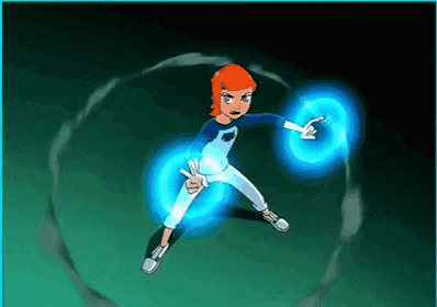 a cartoon character with red hair is holding a blue object in her hand .