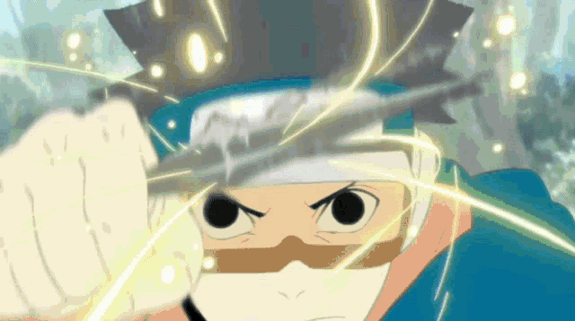 a close up of a cartoon character with a sword
