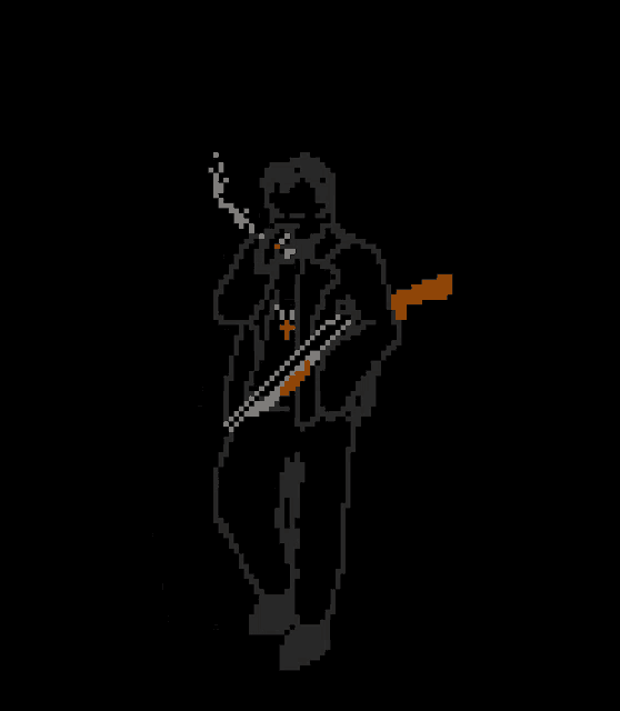 a pixel art of a man holding a shotgun .