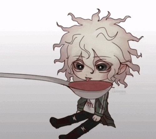 a drawing of a person holding a spoon with their tongue out
