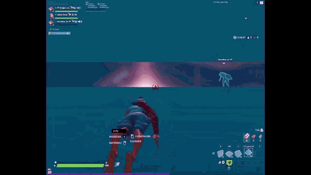 a screenshot of a video game with a sunset in the background and a person standing in the water
