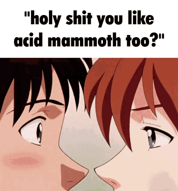 a cartoon of a man and a woman kissing with the caption " holy shit you like acid mammoth too "