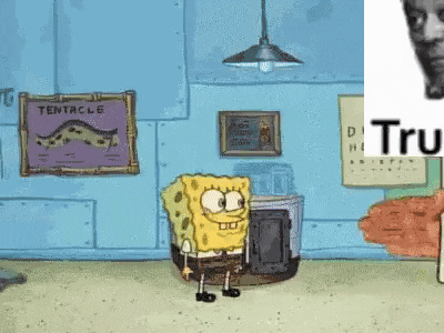 a cartoon of spongebob squarepants is standing in a room with a tentacle painting on the wall .