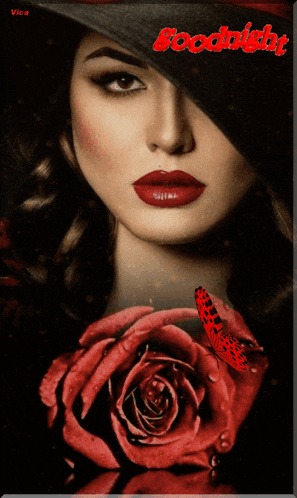a woman with red lips is holding a red rose and a butterfly is flying around it