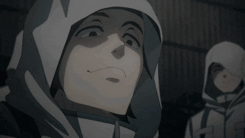 a cartoon character with a white hood sticking his tongue out