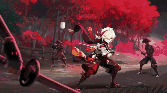 a pixel art of a samurai holding a sword in a forest .
