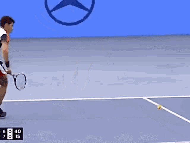 a man is running to hit a tennis ball on a tennis court with a mercedes logo in the background .