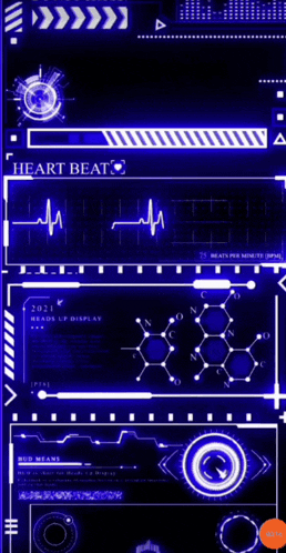 a futuristic screen with a heartbeat and a chemical structure on it