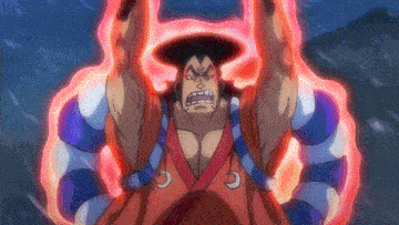 a man in a kimono is holding up his arms in the air in a cartoon .
