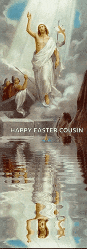 a painting of jesus with the words happy easter cousin below him