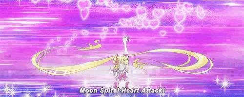 a cartoon of a girl with long hair and the words moon spiral heart attack