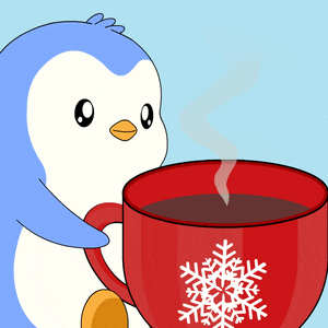 a blue and white penguin is holding a red cup of coffee with snowflakes on it