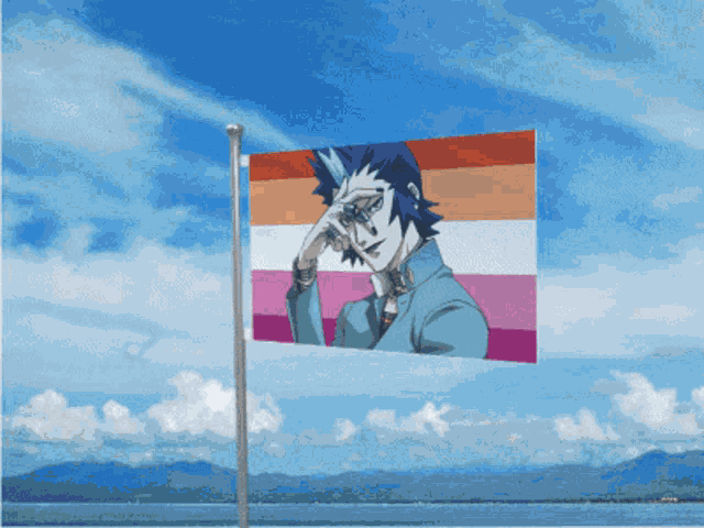 a flag with a picture of a man covering his face with his hand