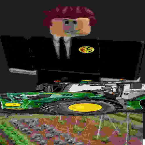 a man in a suit and tie is standing next to a green and yellow tractor .