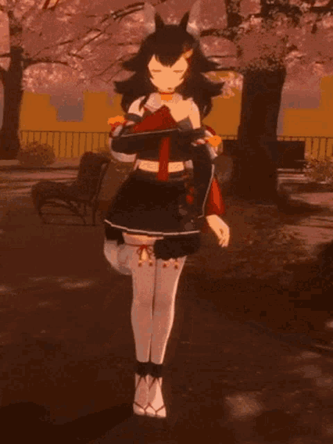 a 3d anime girl is dancing in a park with cherry blossom trees in the background .