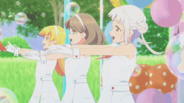a group of anime girls in white dresses are dancing in the grass