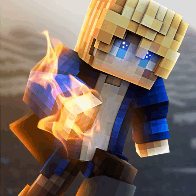 a minecraft character with a blue shirt and blue eyes holding a fire block