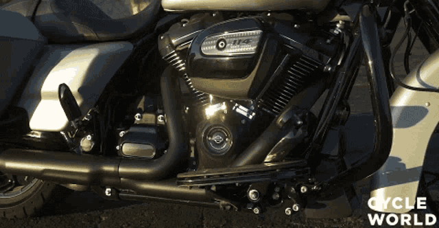 a close up of a harley davidson motorcycle engine with cycle world written on the bottom