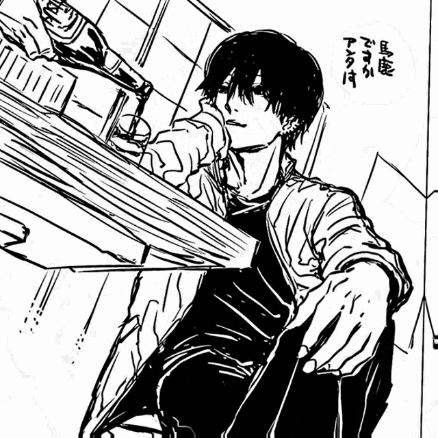 a black and white drawing of a man sitting at a table with a bottle of beer on it