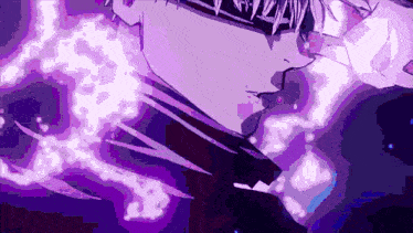 a close up of a person with a purple background