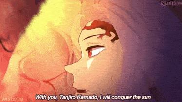 a cartoon of tanjiro kamado says with you tanjiro kamado i will conquer the sun