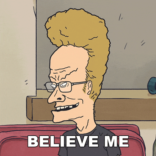 a cartoon of a man with glasses and the words believe me