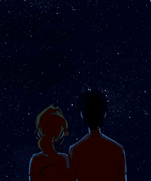 a man and a woman are looking up at the night sky