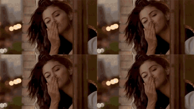 four images of a woman blowing a kiss with her hand