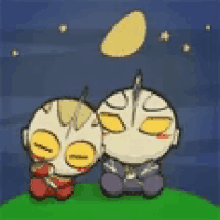 a couple of cartoon characters are sitting next to each other on a grassy hill .
