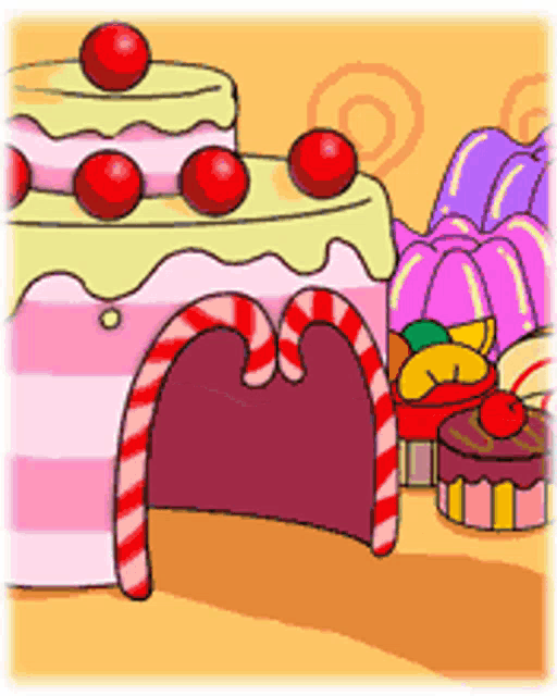 a cartoon drawing of a candy store with cakes and candy canes