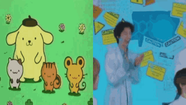 a cartoon drawing of a dog and a cartoon drawing of a mouse with a caution sign on the wall