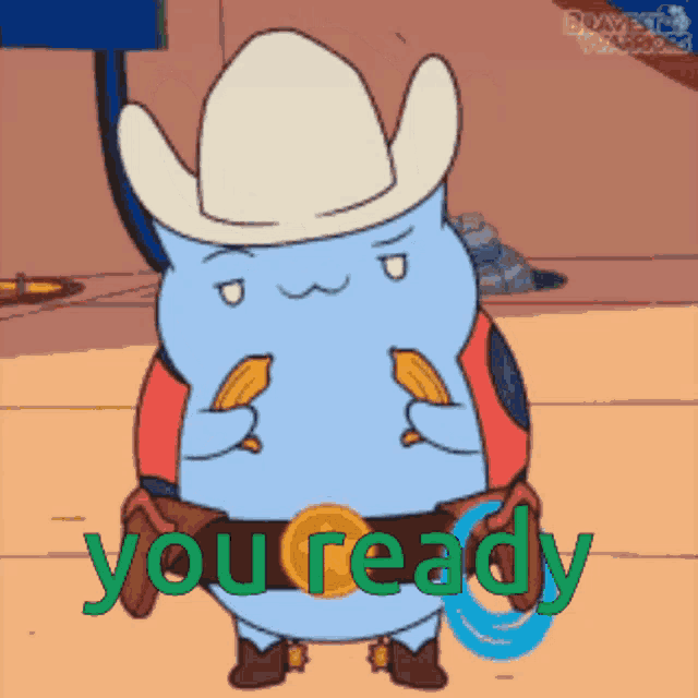 a cartoon of a cat wearing a cowboy hat and holding a banana says you ready