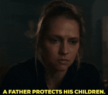 a woman says a father protects his children in yellow letters